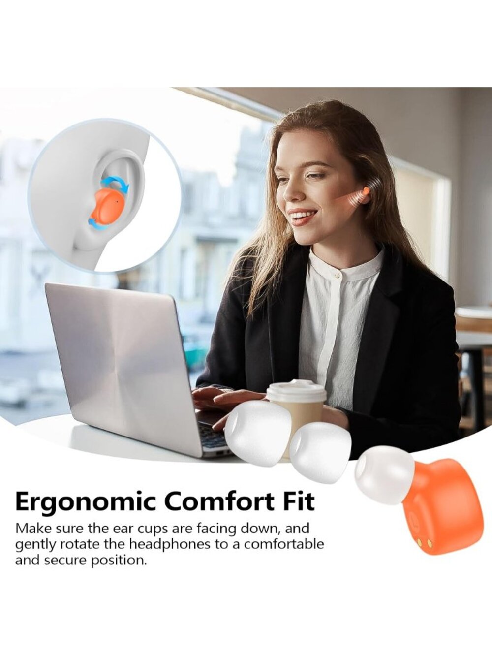 Wireless Orange Earbuds Bluetooth 5.3 Deep Bass Sound Built in Mics Clear Calls - Picture 5 of 7